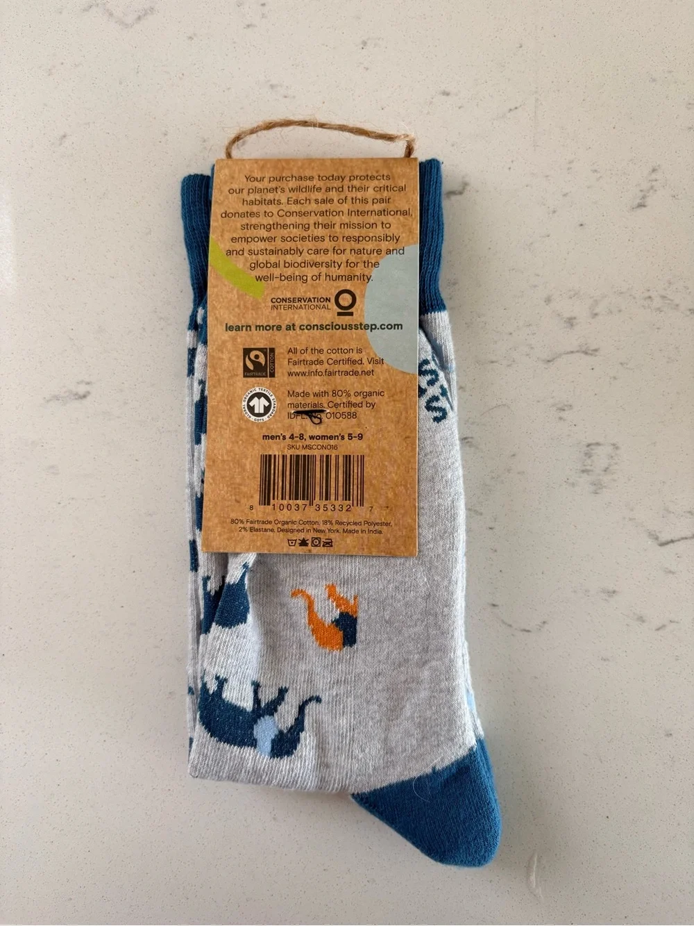 Conscious Step Unisex Elephant Crew Socks in Gray & Blue NWT